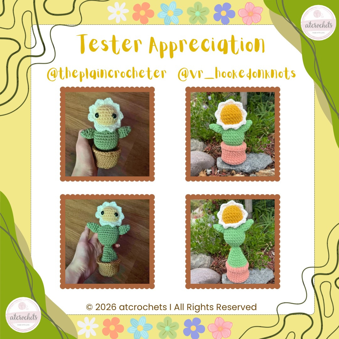 Flower Pal (popping) Free Crochet Pattern: Cute Amigurumi Doll with Brown Pot, Green Body, and Purple Petals