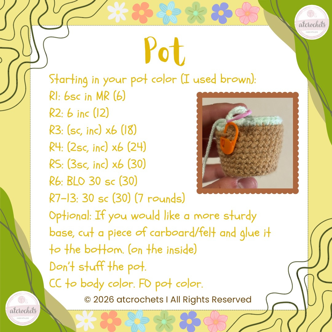 Flower Pal (popping) Free Crochet Pattern: Cute Amigurumi Doll with Brown Pot, Green Body, and Purple Petals