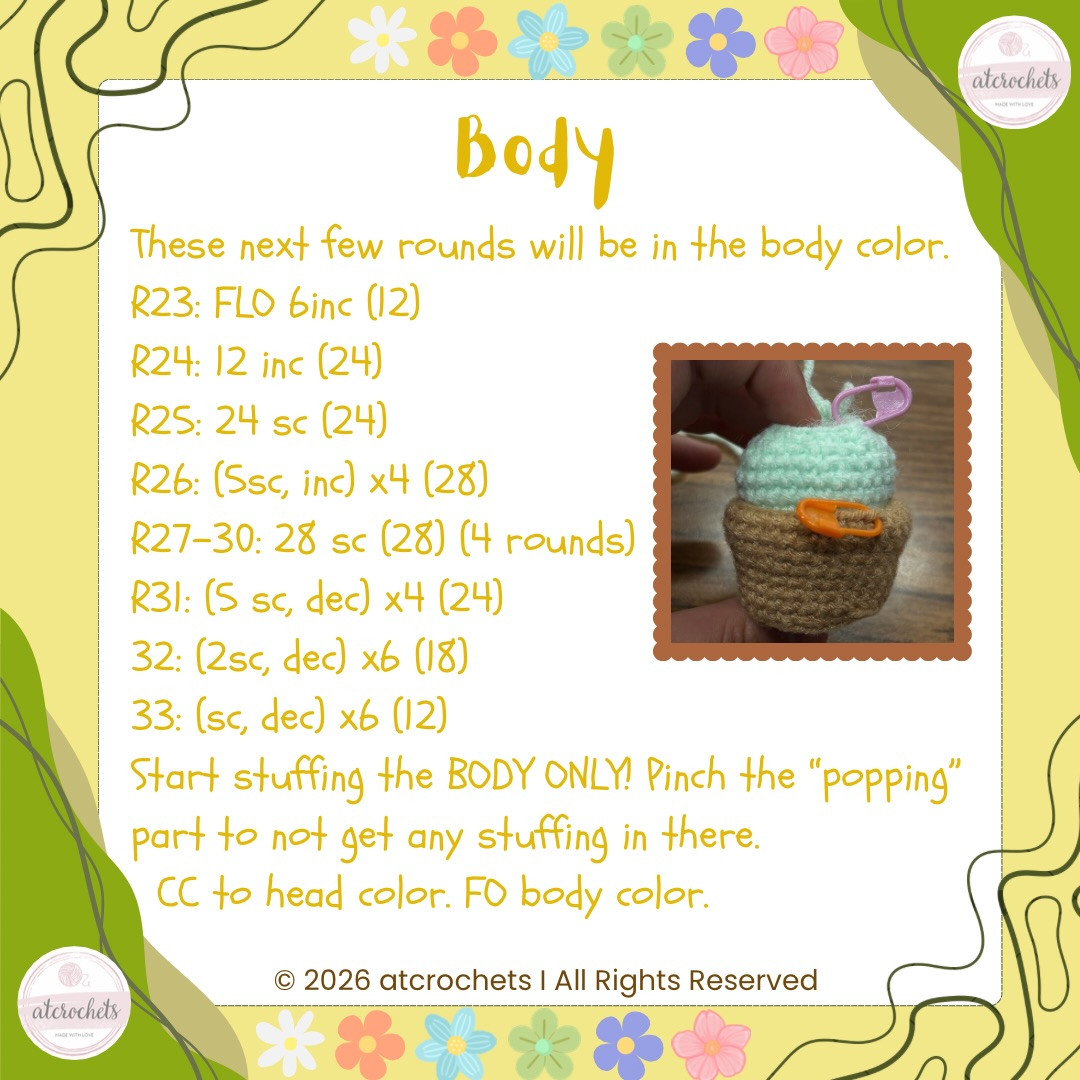 Flower Pal (popping) Free Crochet Pattern: Cute Amigurumi Doll with Brown Pot, Green Body, and Purple Petals