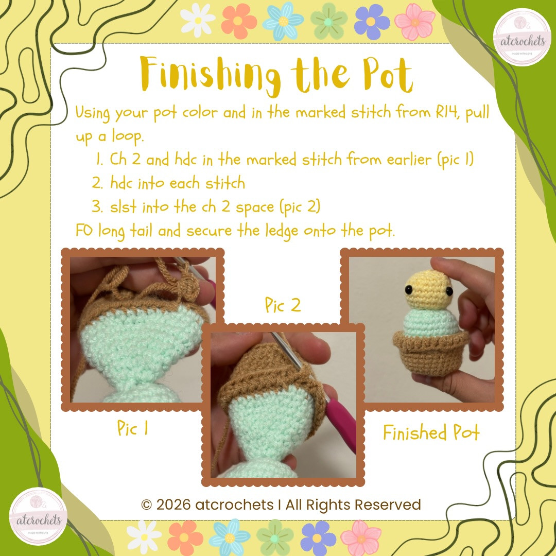 Flower Pal (popping) Free Crochet Pattern: Cute Amigurumi Doll with Brown Pot, Green Body, and Purple Petals