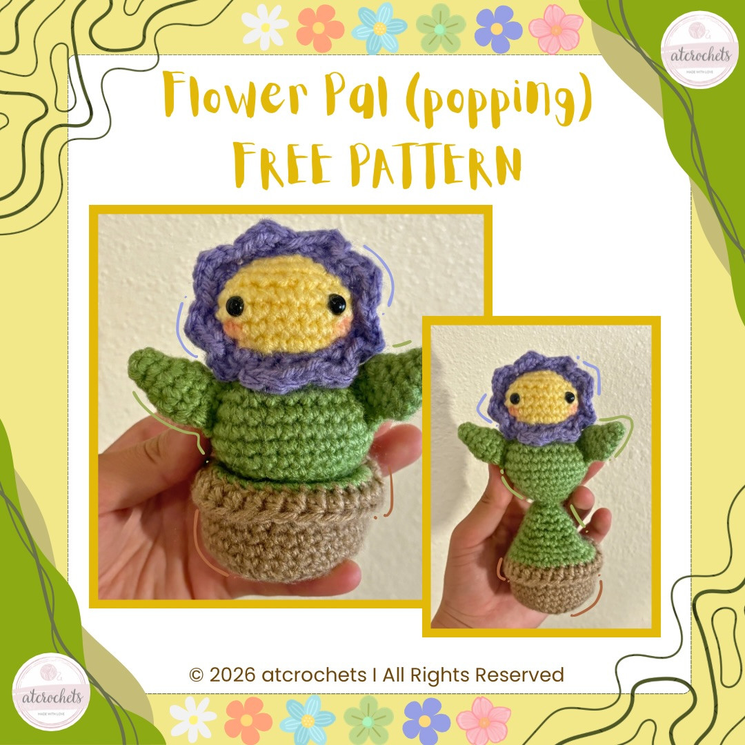 Flower Pal (popping) Free Crochet Pattern: Cute Amigurumi Doll with Brown Pot, Green Body, and Purple Petals