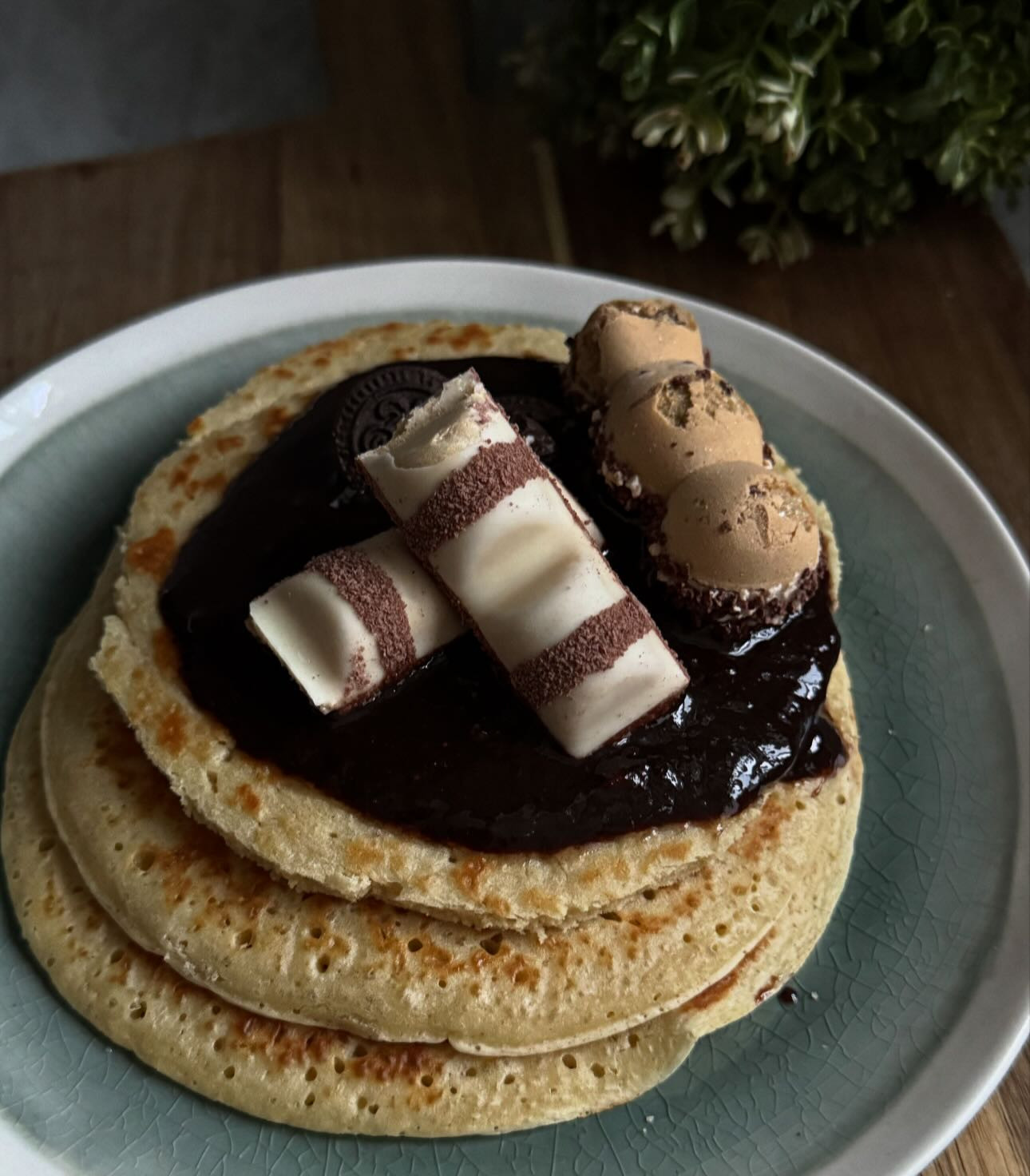 Fluffy Kinder Pancakes with Hazelnut Spread and Chocolate Sauce