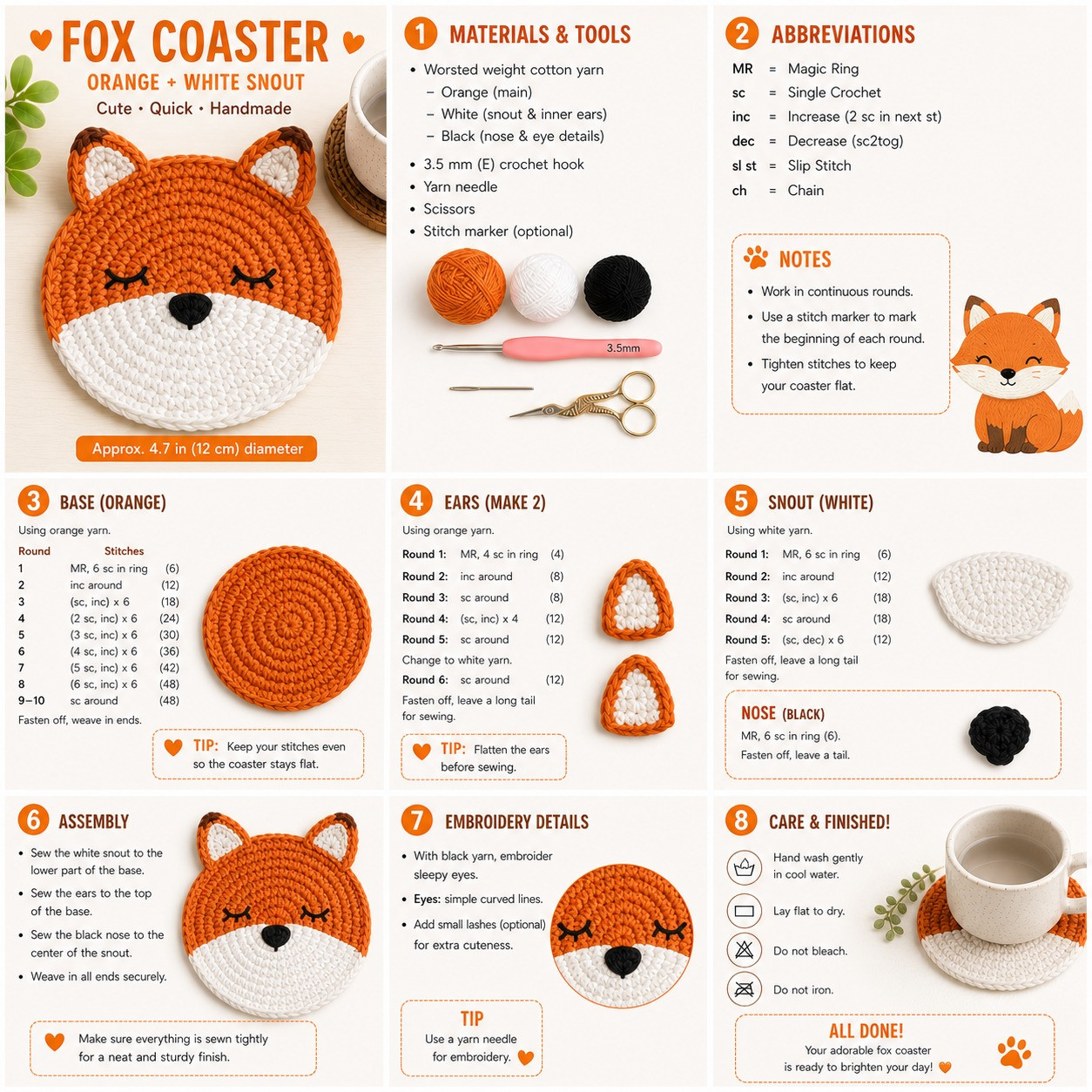 Fox Coaster Free Crochet Pattern: Orange and White Cute Handmade Design
