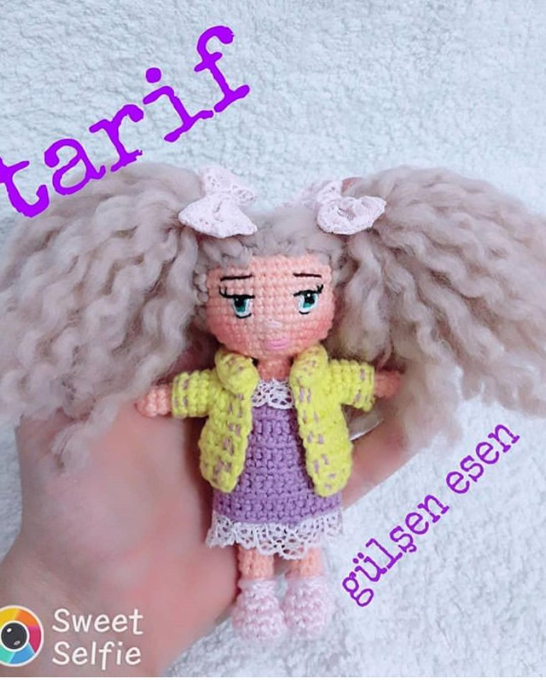 Free Amigurumi Pattern for Cute Blonde Doll with Yellow Jacket and Purple Dress by Gülşen Esen