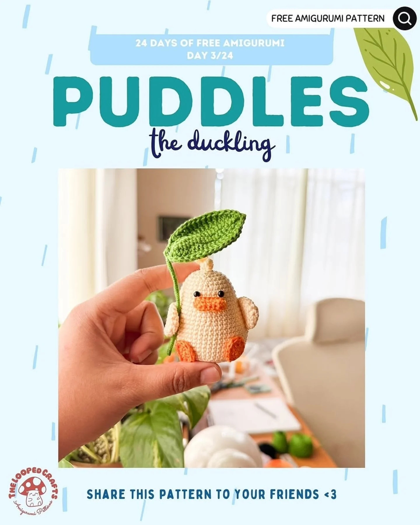 Free Amigurumi Pattern: Puddles the Duckling - Cute Yellow Crochet Baby Duck with Leaf Umbrella