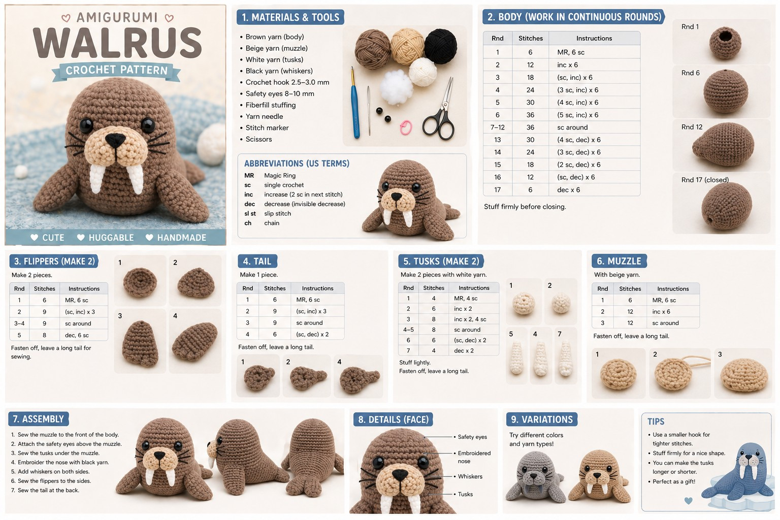 Free Amigurumi Walrus Crochet Pattern Chart with Step-by-Step Instructions