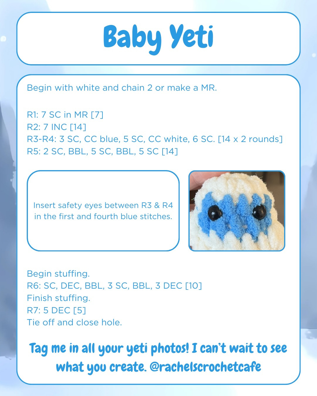 Free Baby Yeti Amigurumi Crochet Pattern with Blue and White Yarn Instructions