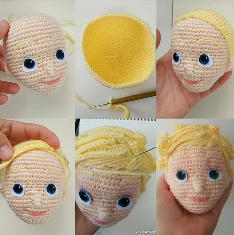 Free crochet amigurumi head tutorial for blonde boy character with step-by-step photos and written pattern