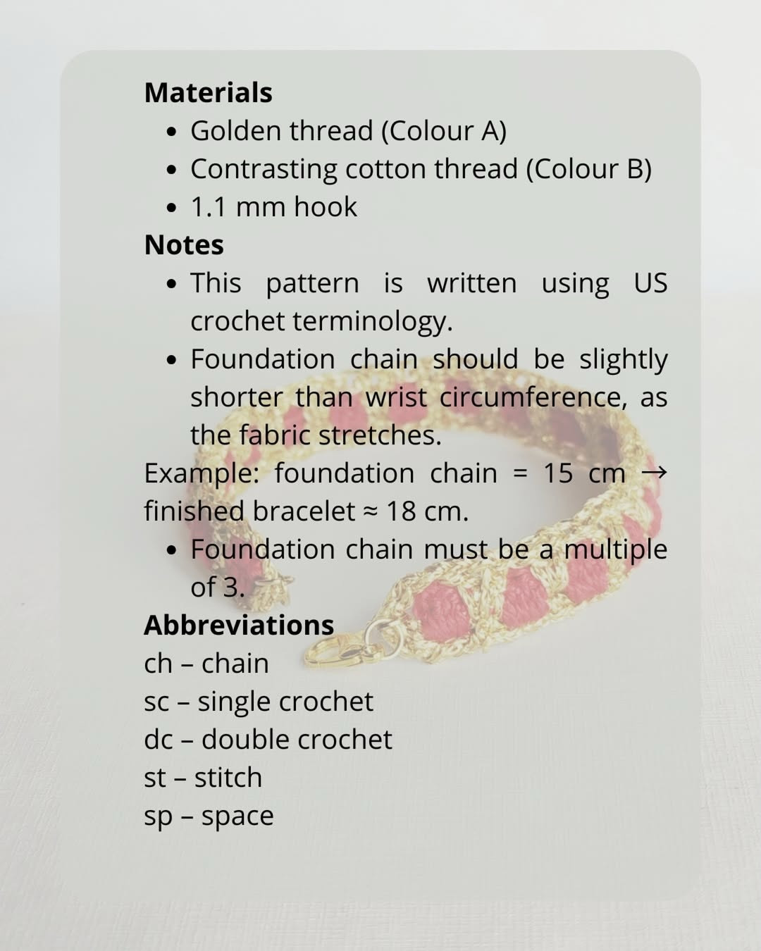 Free Crochet Bracelet Pattern: Golden Thread and Red Cotton Design