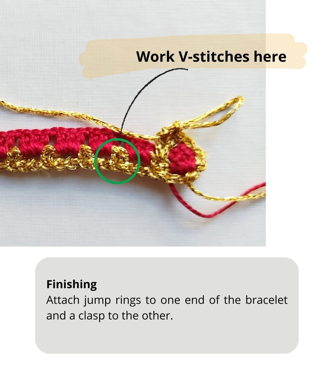 Free Crochet Bracelet Pattern: Golden Thread and Red Cotton Design