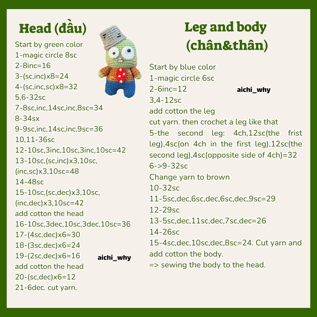 Free Crochet Chart Pattern for Bucket Hat Zombie Amigurumi Doll
