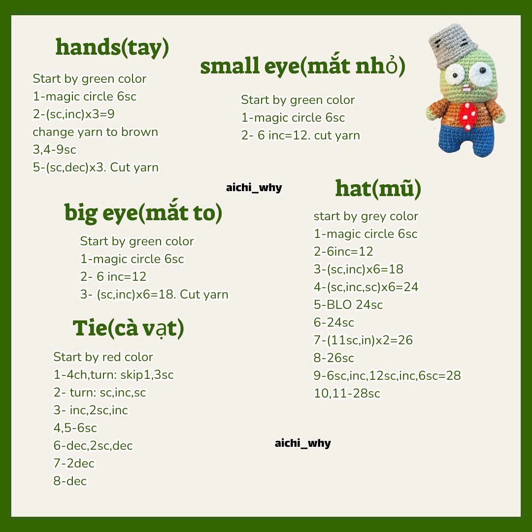Free Crochet Chart Pattern for Bucket Hat Zombie Amigurumi Doll