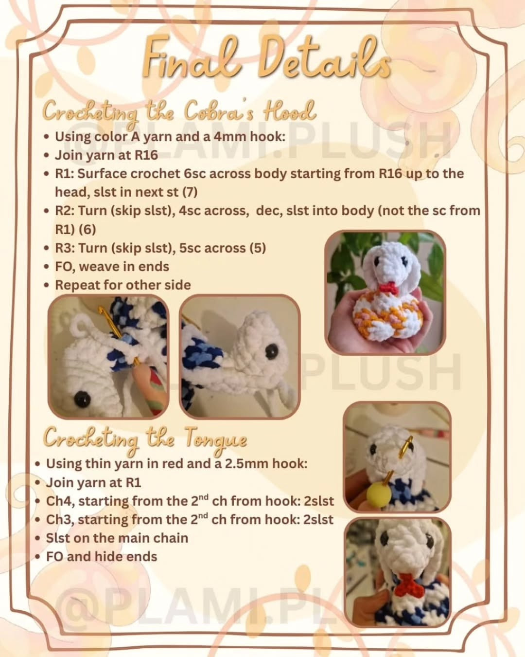 Free Crochet Cobra Amigurumi Pattern - No-Sew Instructions with Chenille Yarn