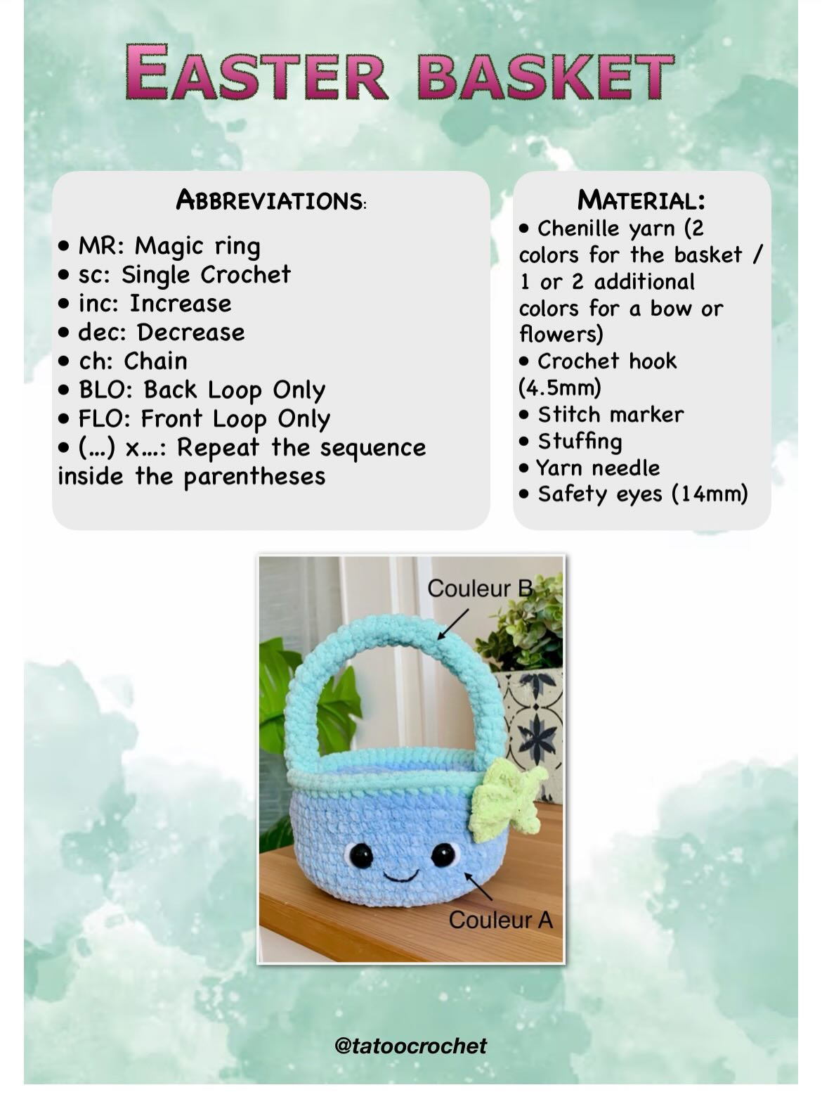 Free Crochet Easter Basket Pattern with Cute Face, Chenille Yarn, Handle and Bow Tutorial
