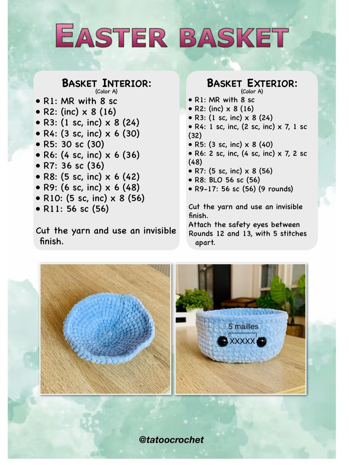 Free Crochet Easter Basket Pattern with Cute Face, Chenille Yarn, Handle and Bow Tutorial