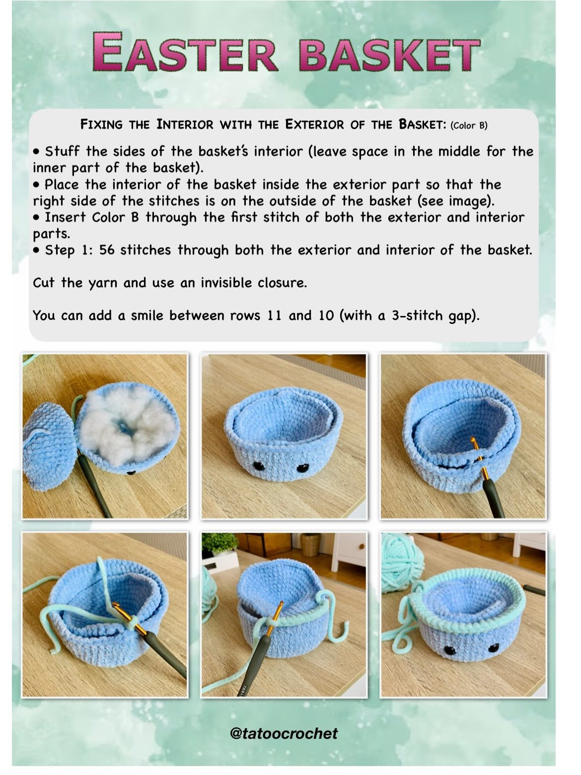 Free Crochet Easter Basket Pattern with Cute Face, Chenille Yarn, Handle and Bow Tutorial