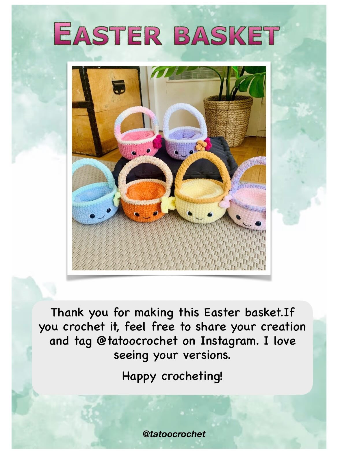 Free Crochet Easter Basket Pattern with Cute Face, Chenille Yarn, Handle and Bow Tutorial