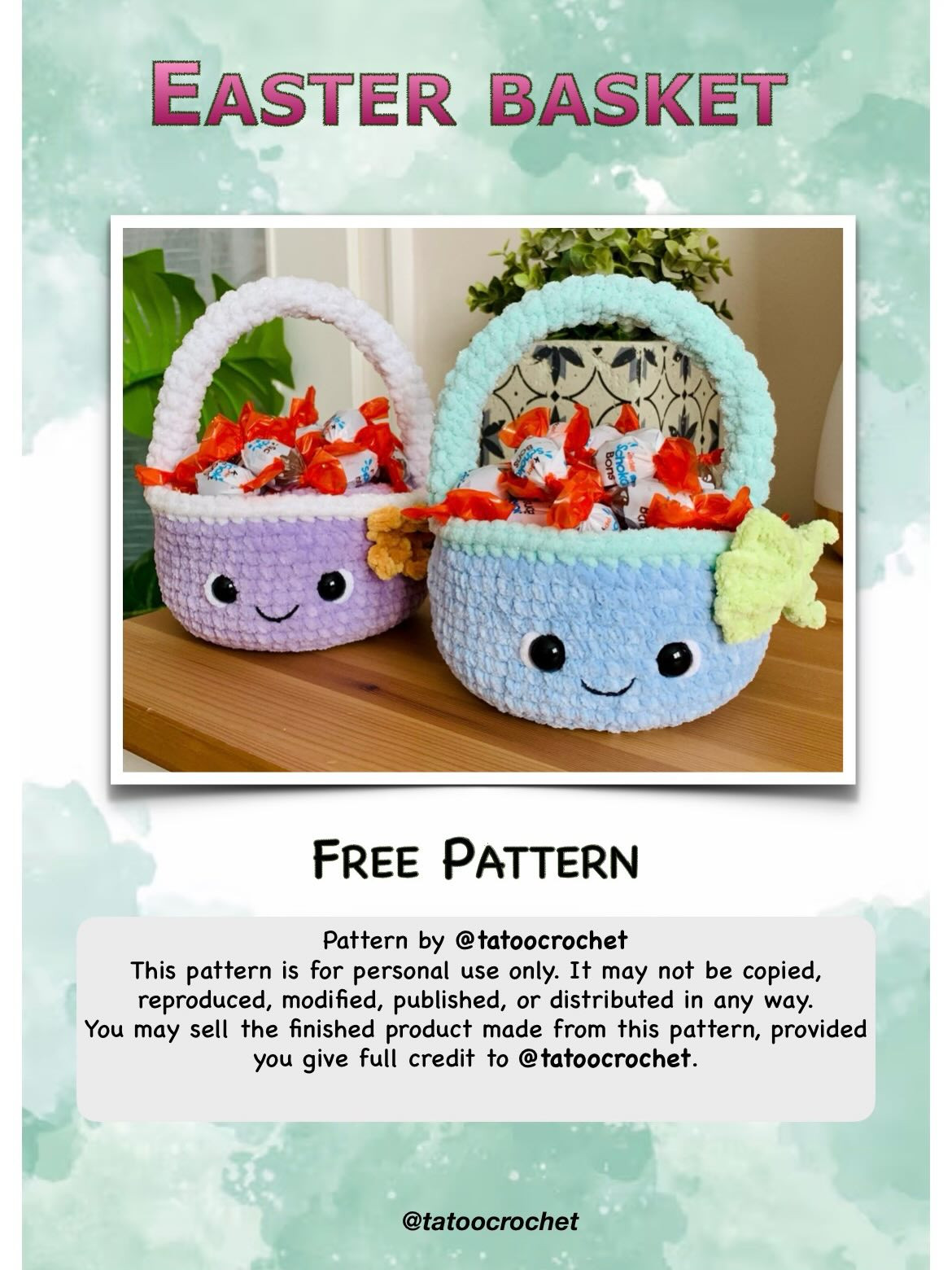 Free Crochet Easter Basket Pattern with Cute Face, Chenille Yarn, Handle and Bow Tutorial