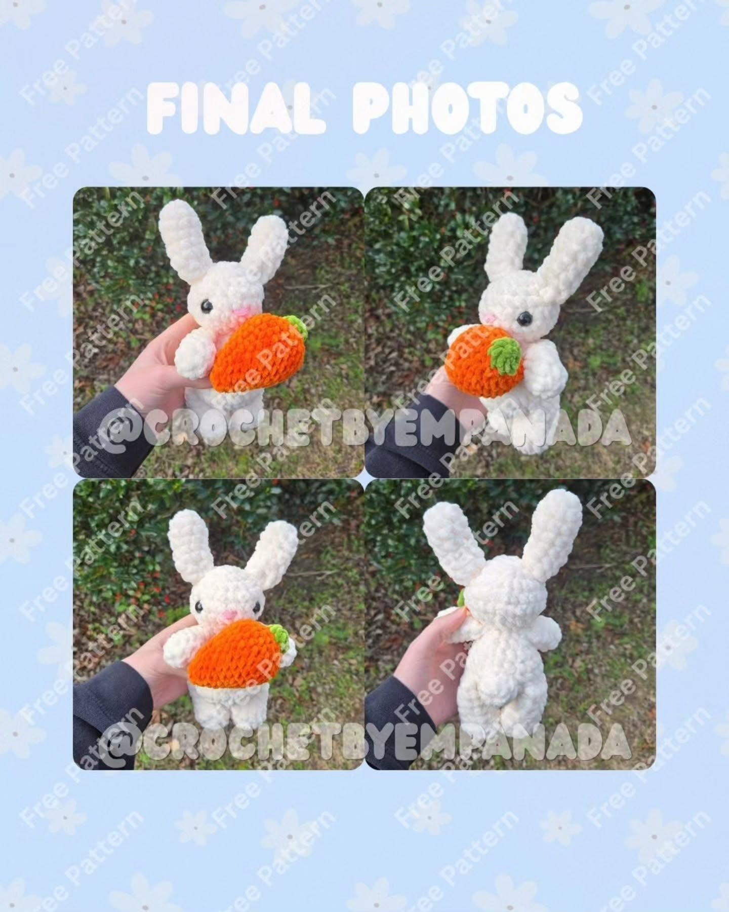Free Crochet Pattern: Adorable White Baby Bunny Holding a Giant Orange Carrot