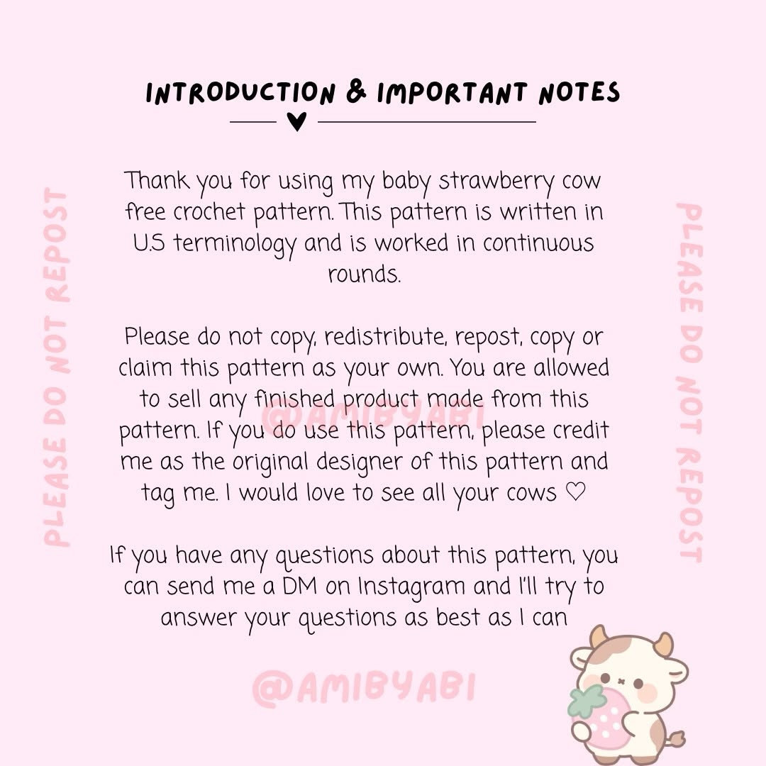 Free Crochet Pattern: Baby Strawberry Cow Amigurumi by Amibyabi