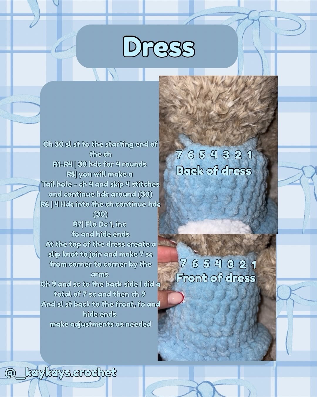 Free Crochet Pattern: Cute Baby Bunny Wearing a Blue Dress with Faux Fur Yarn