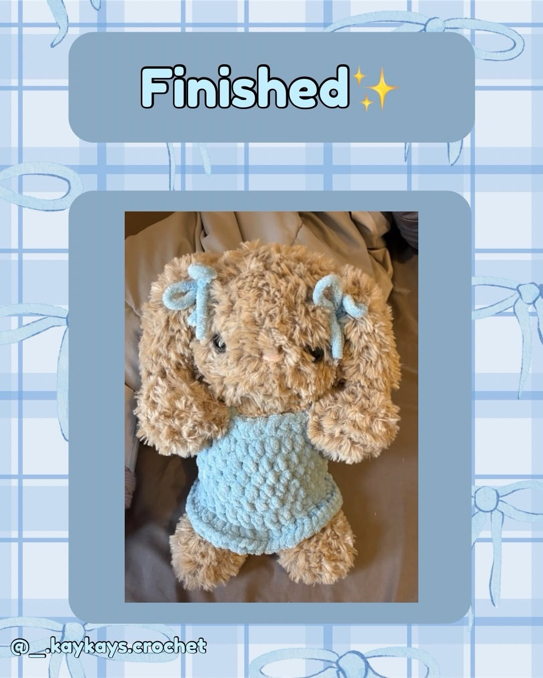 Free Crochet Pattern: Cute Baby Bunny Wearing a Blue Dress with Faux Fur Yarn