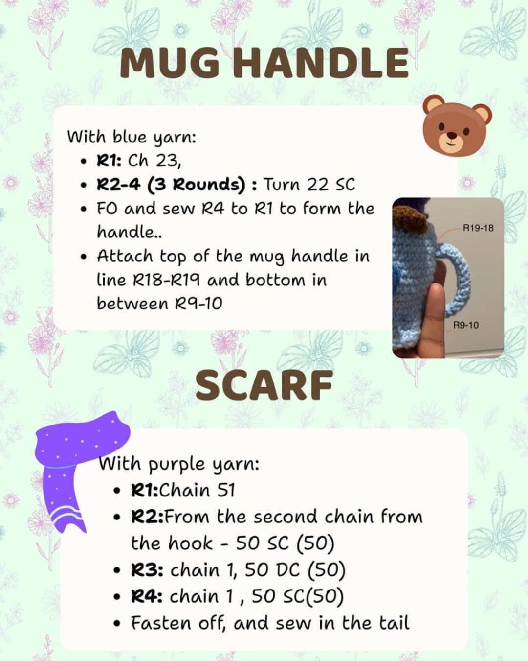 Free Crochet Pattern: Cute Brown Bear in Blue Mug with Purple Scarf