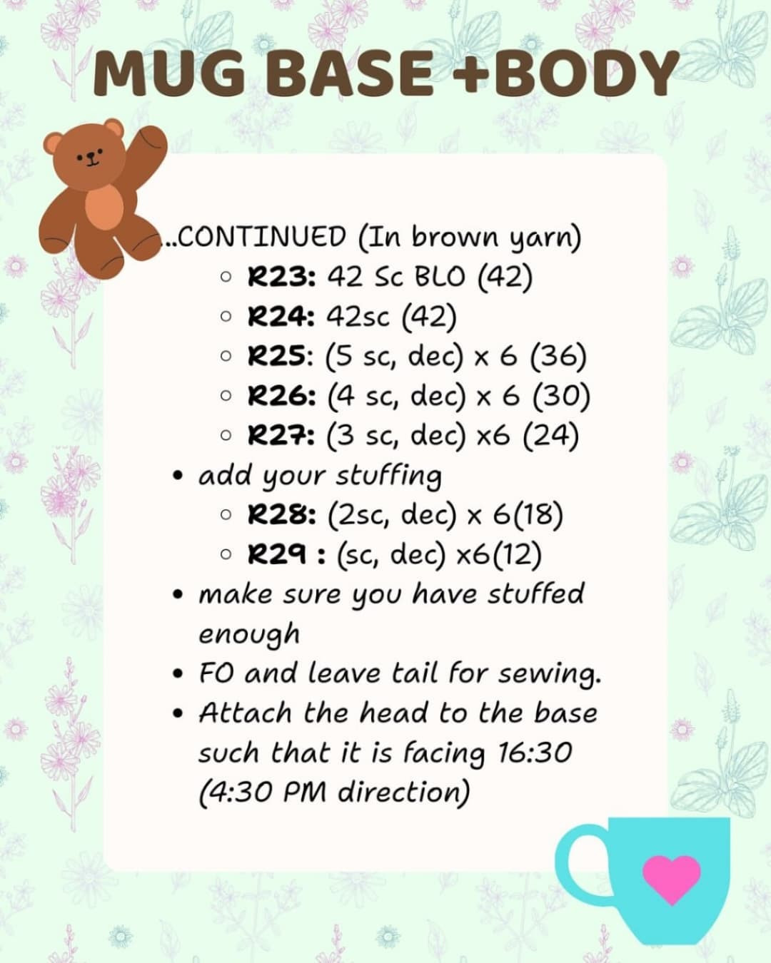 Free Crochet Pattern: Cute Brown Bear in Blue Mug with Purple Scarf