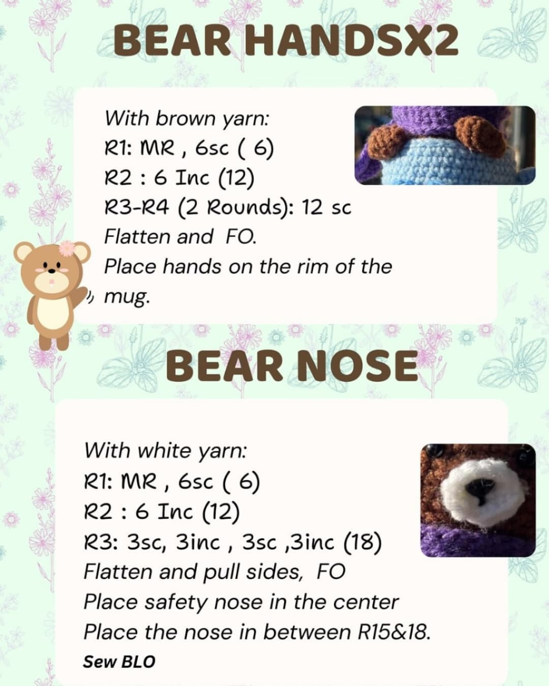 Free Crochet Pattern: Cute Brown Bear in Blue Mug with Purple Scarf