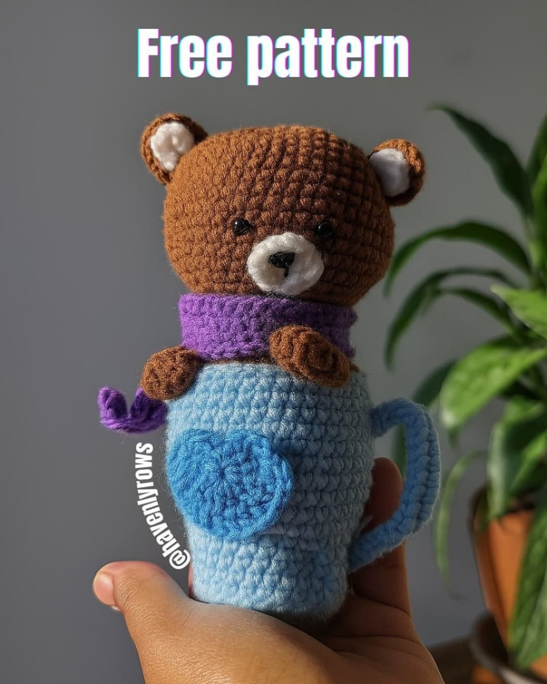 Free Crochet Pattern: Cute Brown Bear in Blue Mug with Purple Scarf