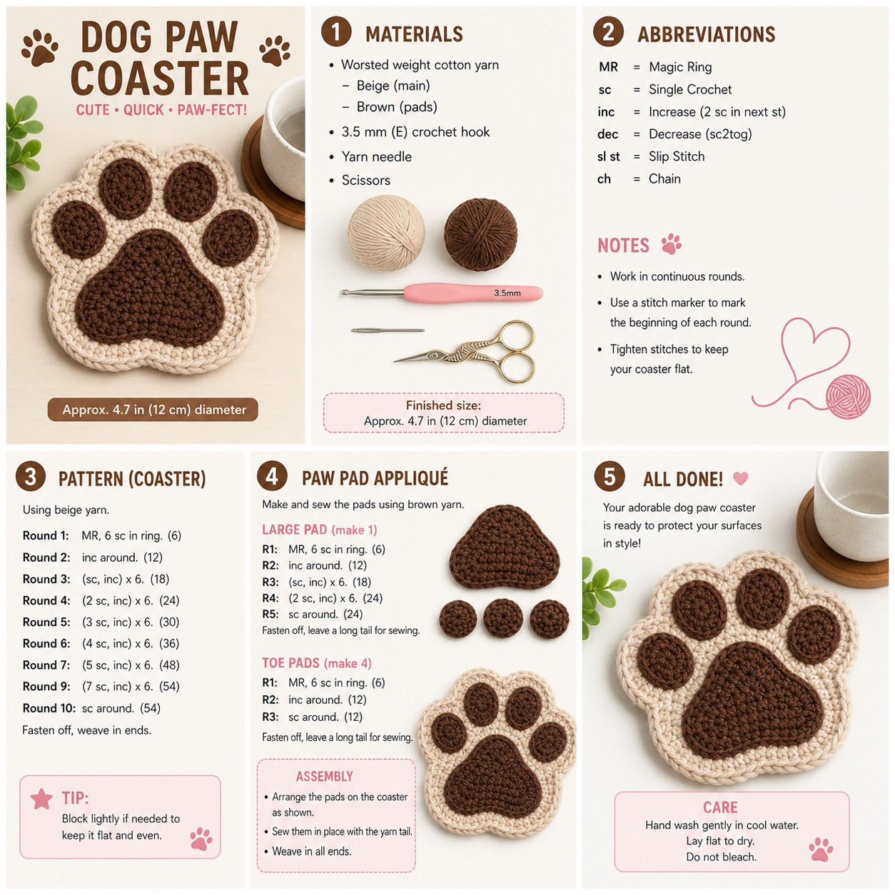 Free Crochet Pattern: Cute Dog Paw Coaster - Quick & Easy DIY Tutorial