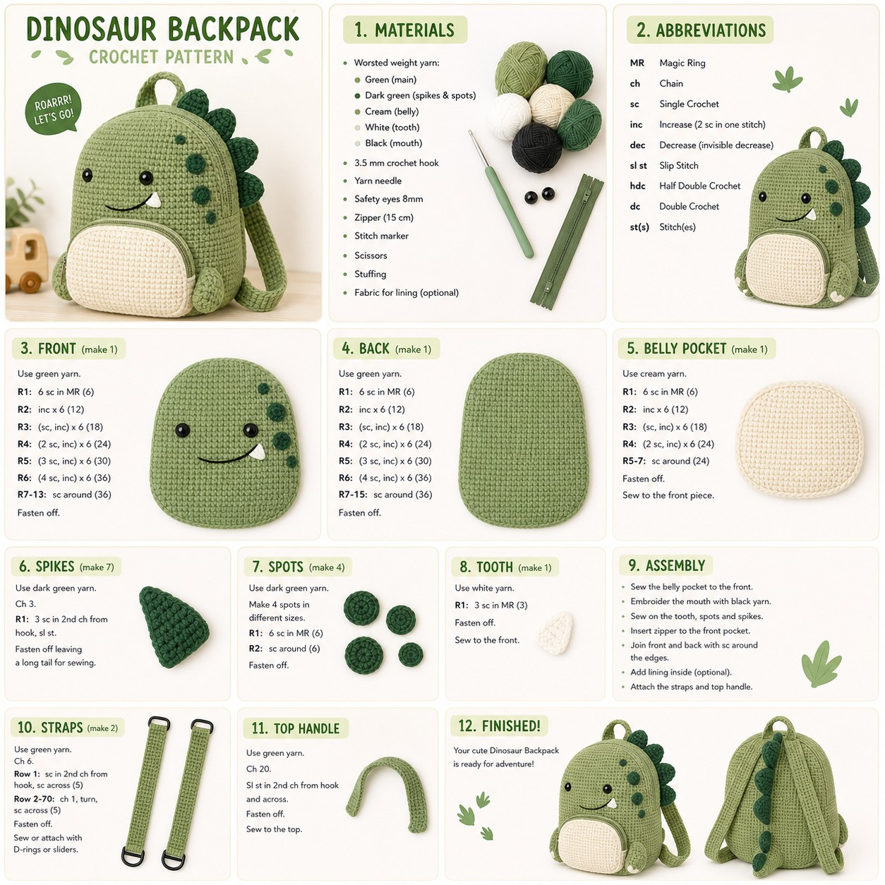 Free Crochet Pattern: Cute Green Dinosaur Backpack Amigurumi with Step-by-Step Instructions