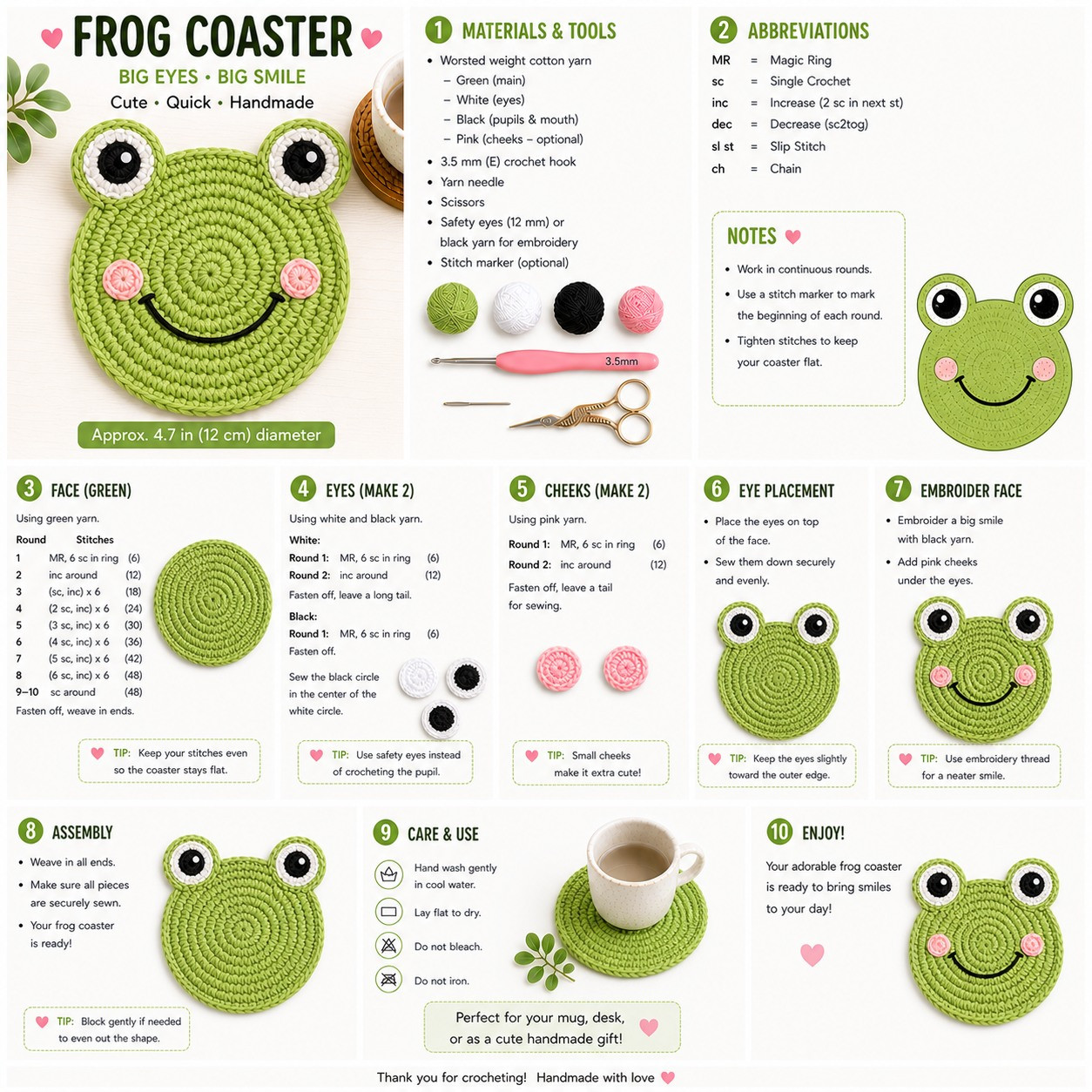 Free Crochet Pattern: Cute Green Frog Coaster with Big Eyes and Smile - Step-by-Step Instructions