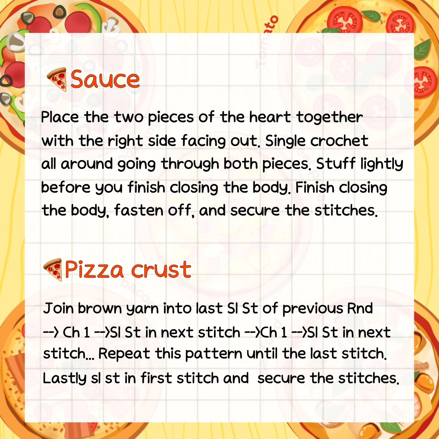 Free Crochet Pattern: Cute Heart Shaped Pizza Keychain with Pepperoni, Bacon, and Margherita Toppings