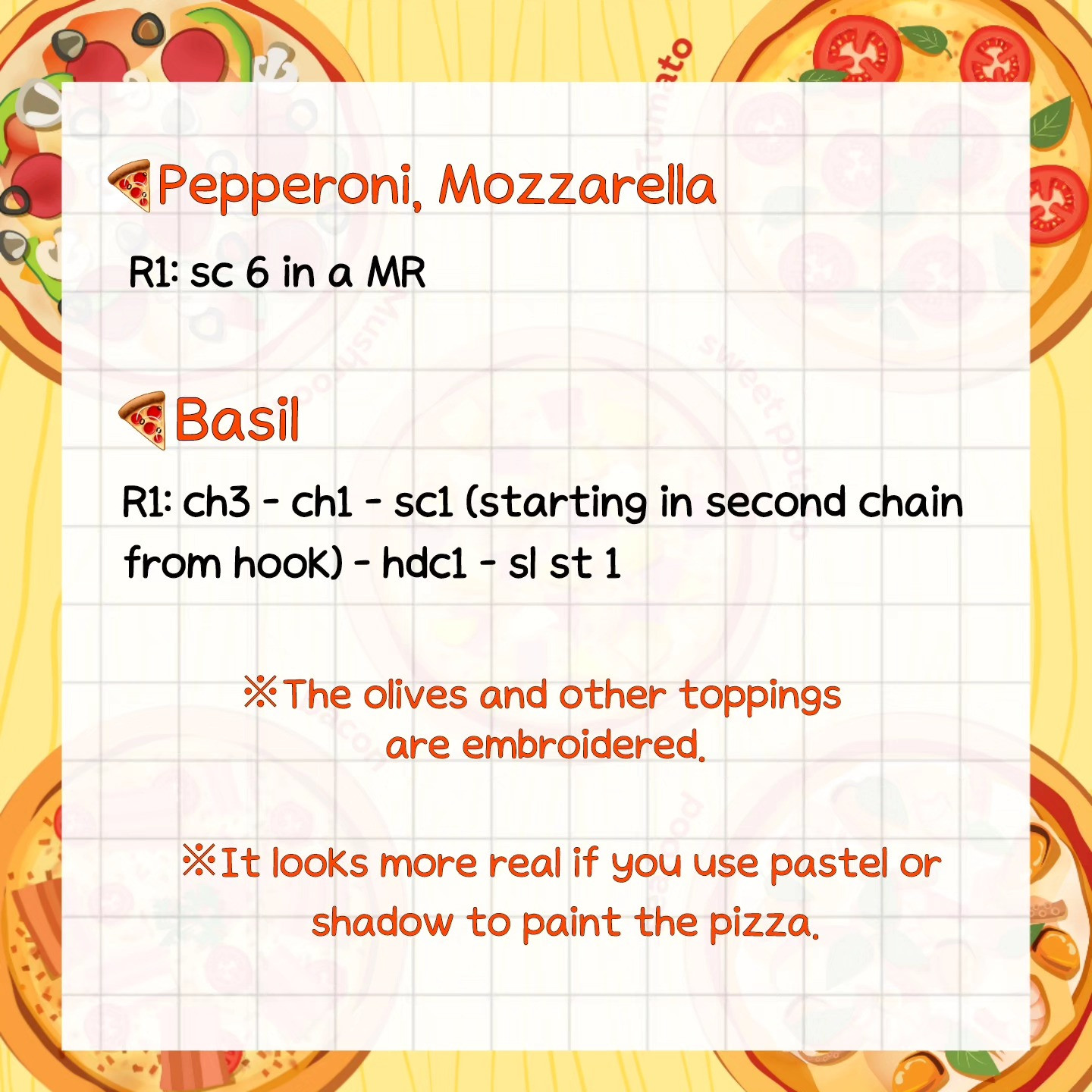 Free Crochet Pattern: Cute Heart Shaped Pizza Keychain with Pepperoni, Bacon, and Margherita Toppings