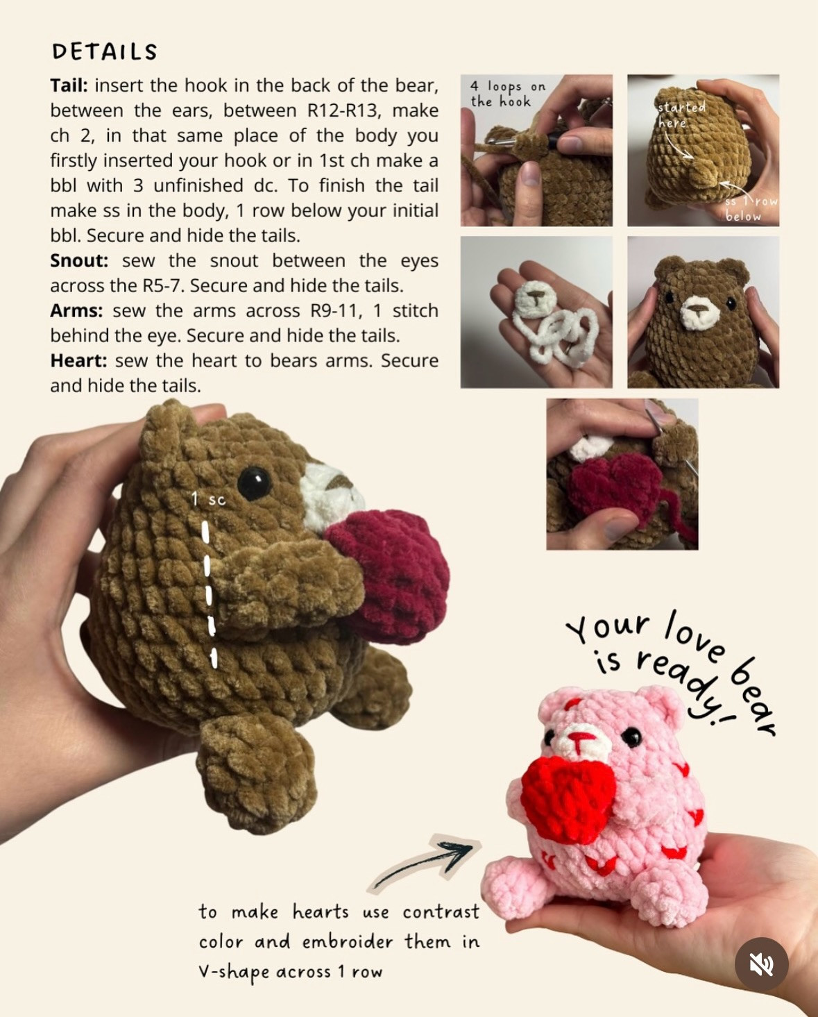 Free Crochet Pattern: Cute Love Bear Amigurumi with Red Heart