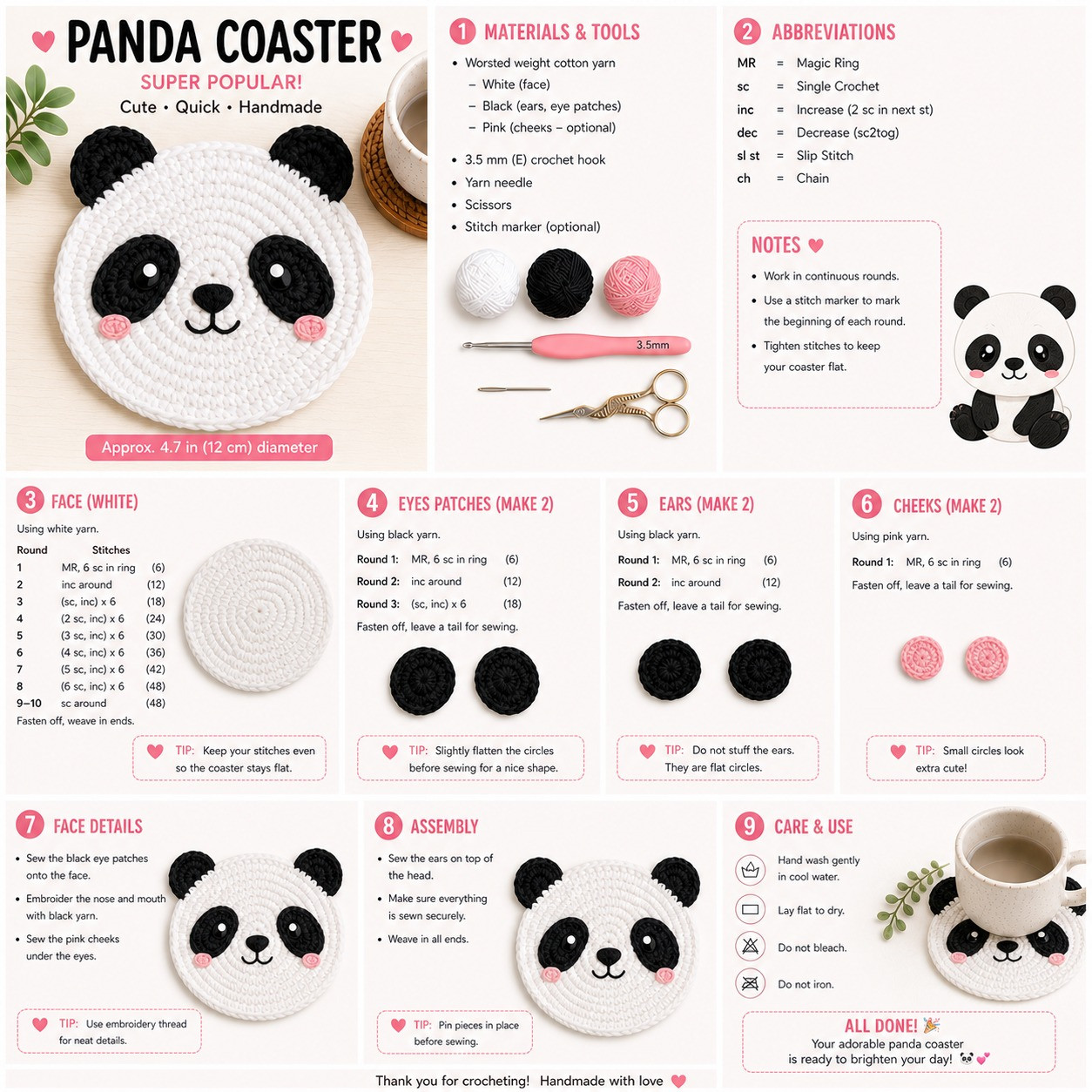 Free Crochet Pattern: Cute Panda Coaster with White, Black, and Pink Cotton Yarn