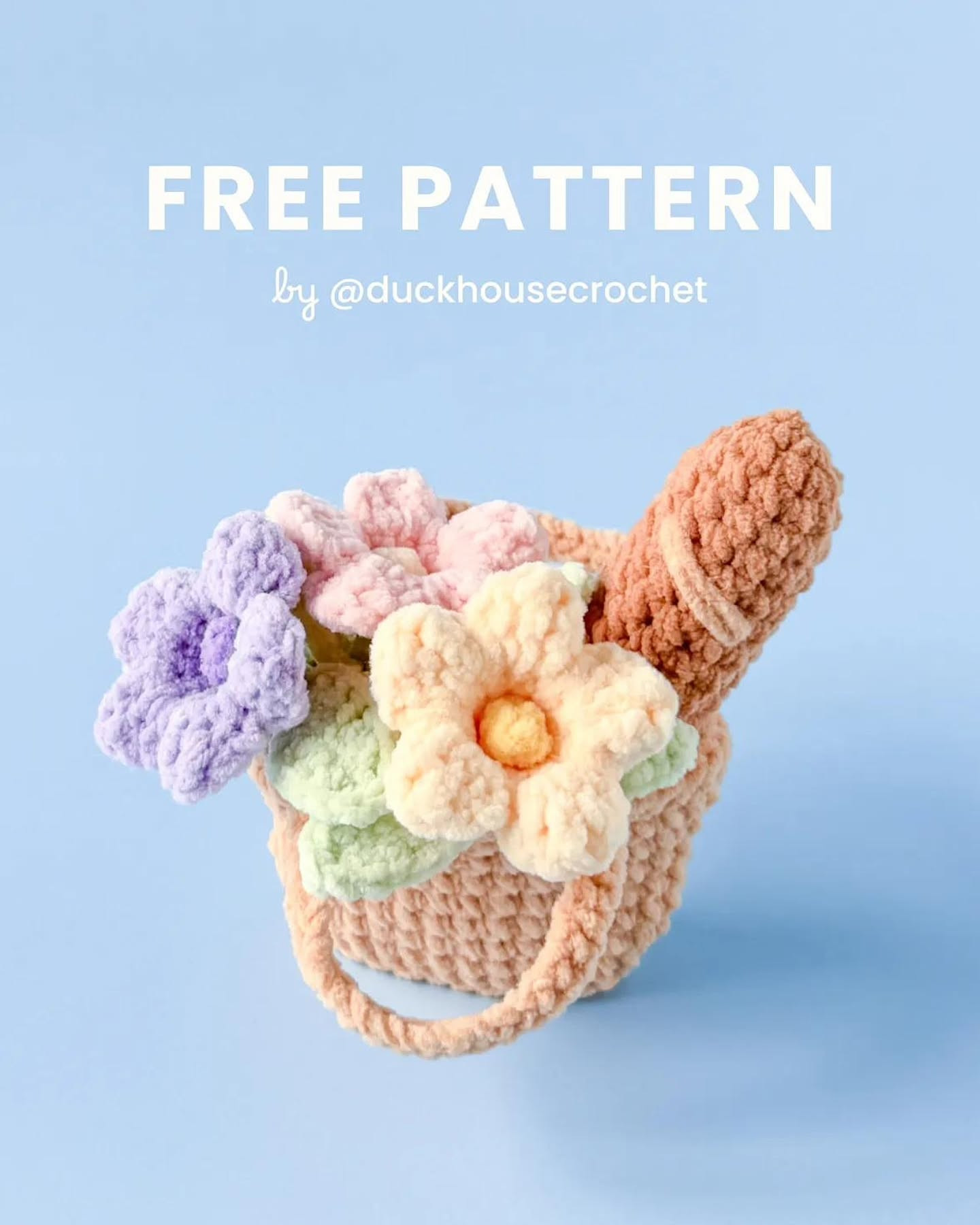 Free Crochet Pattern: Cute Pastel Flower Basket with Baguette by Duckhouse Crochet