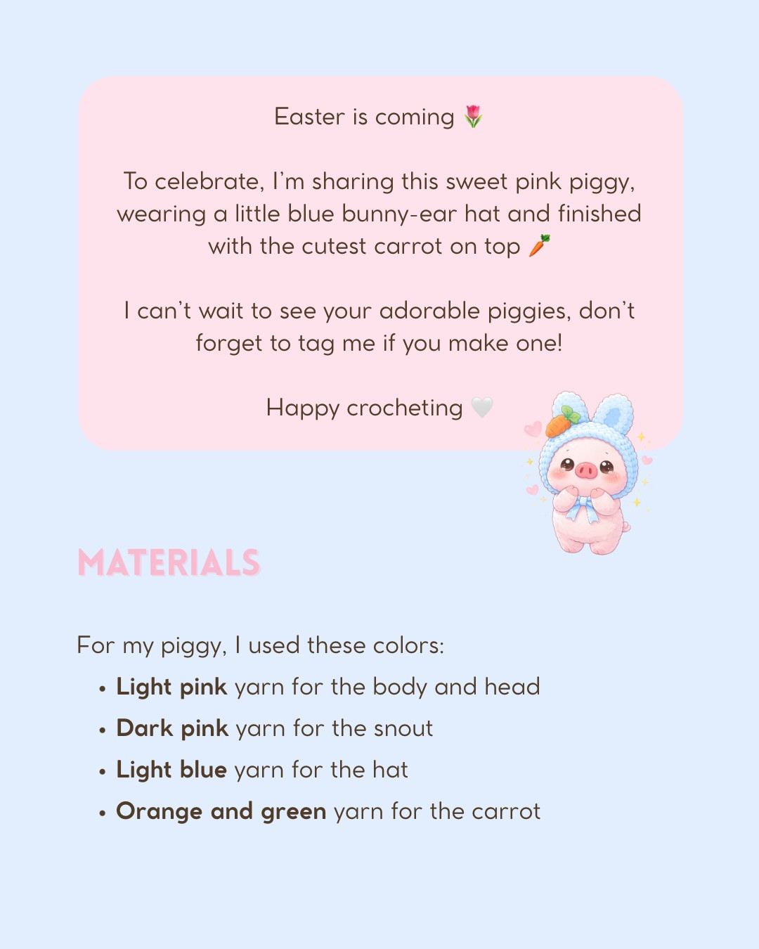 Free Crochet Pattern: Cute Pink Piggy with Blue Bunny Hat and Carrot