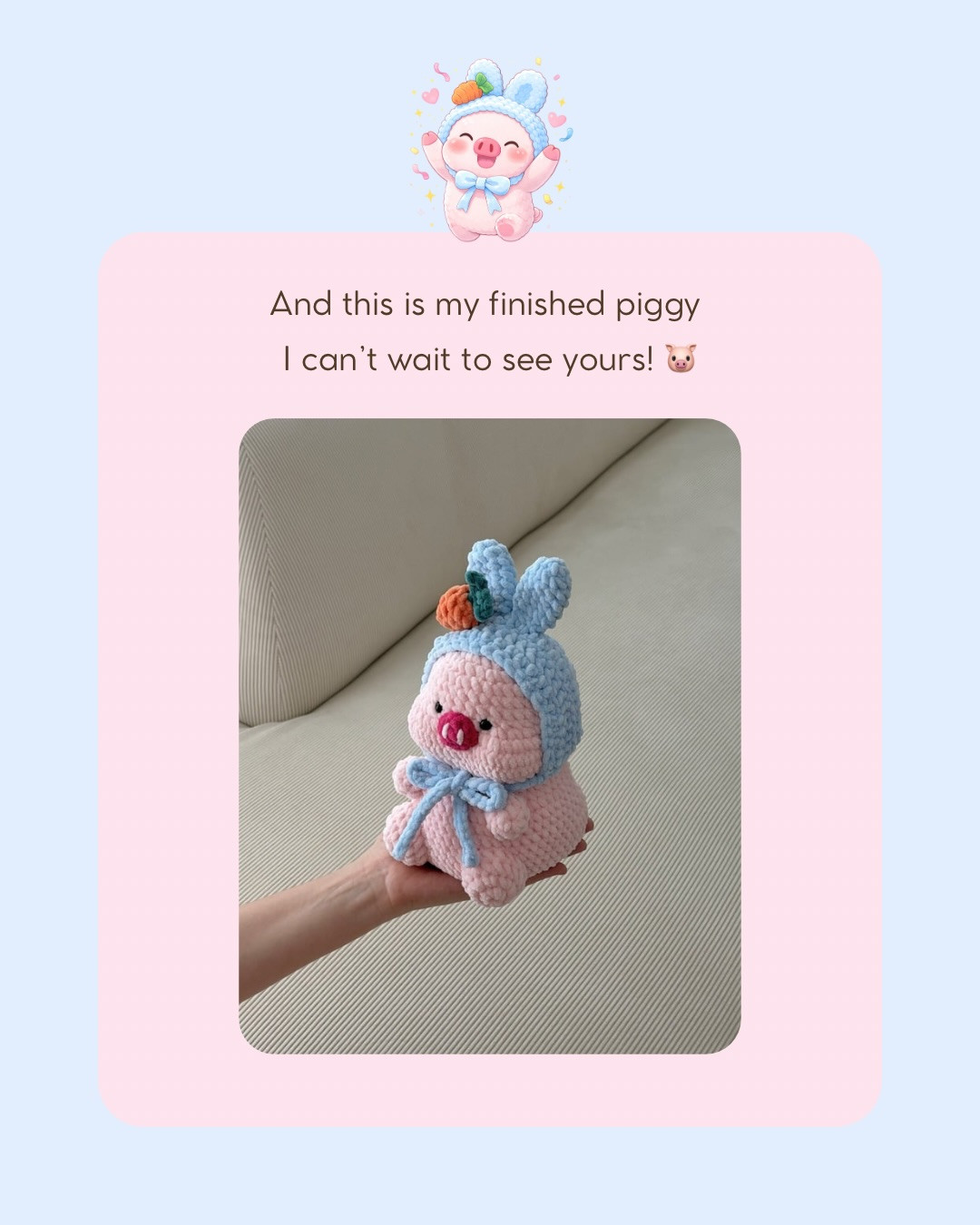 Free Crochet Pattern: Cute Pink Piggy with Blue Bunny Hat and Carrot