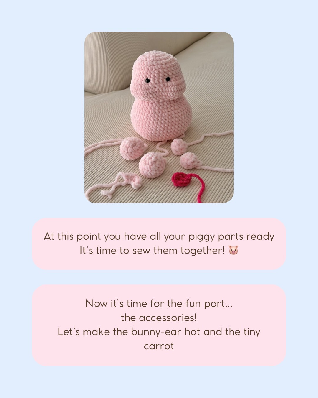 Free Crochet Pattern: Cute Pink Piggy with Blue Bunny Hat and Carrot
