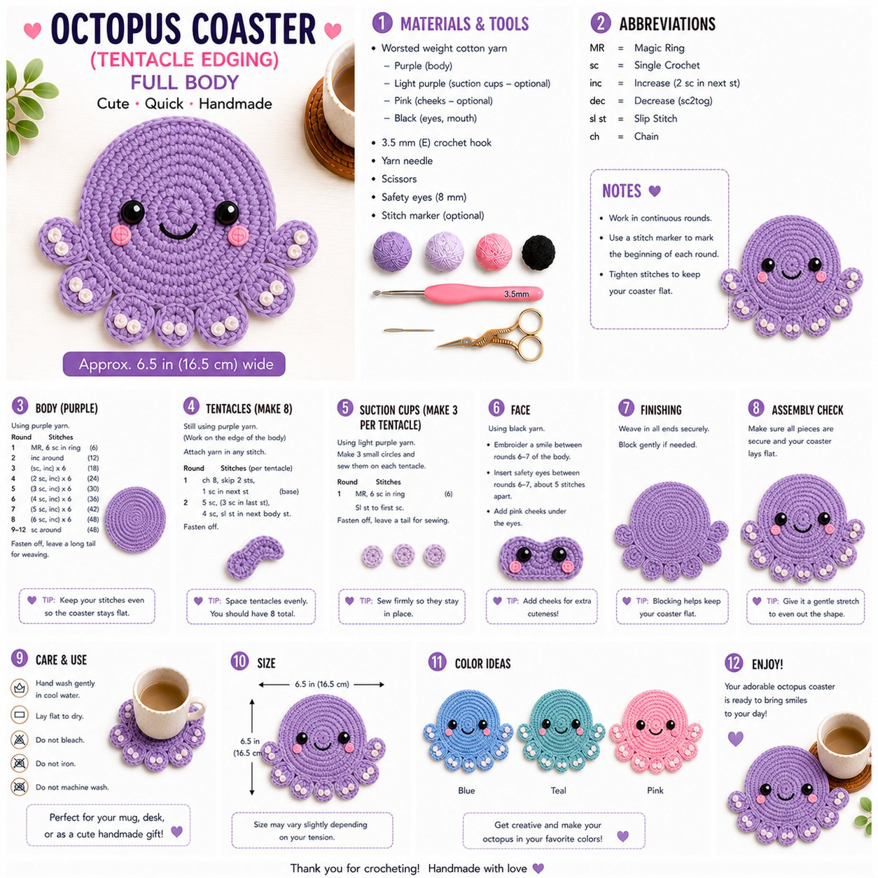 Free Crochet Pattern: Cute Purple Octopus Coaster with Tentacle Edging Full Body Instructions