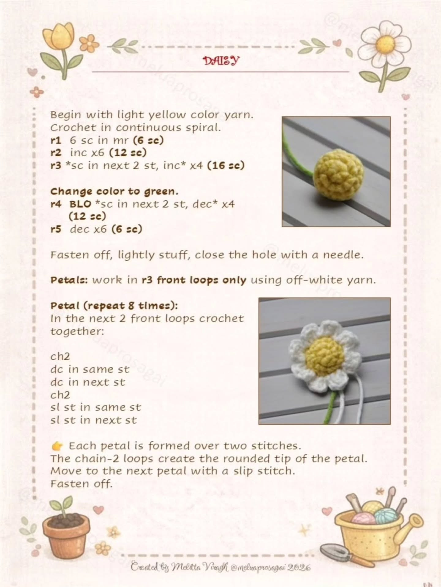 Free Crochet Pattern: Cute Smiling Daisy Flower in Pot