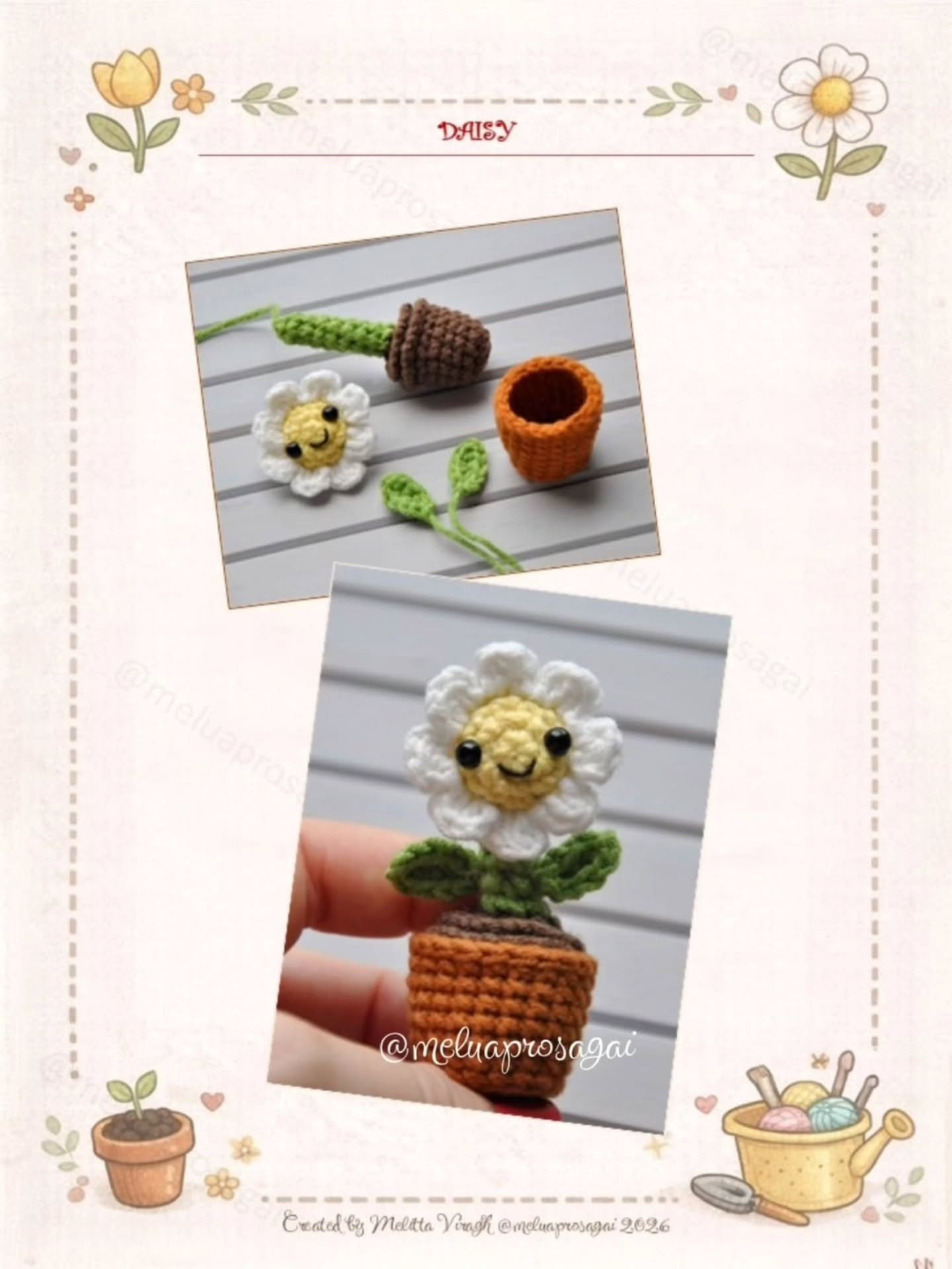 Free Crochet Pattern: Cute Smiling Daisy Flower in Pot