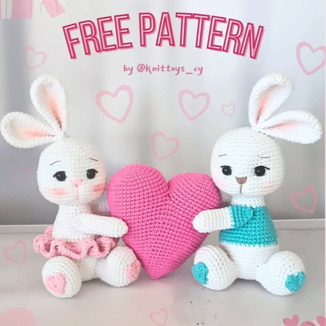 Free Crochet Pattern: Cute White Bunny Amigurumi Couple with Pink Heart