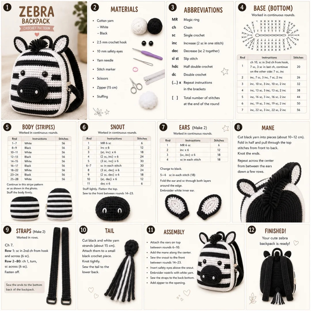 Free Crochet Pattern: Cute Zebra Backpack with Stripes, Ears and Tail - Complete Tutorial