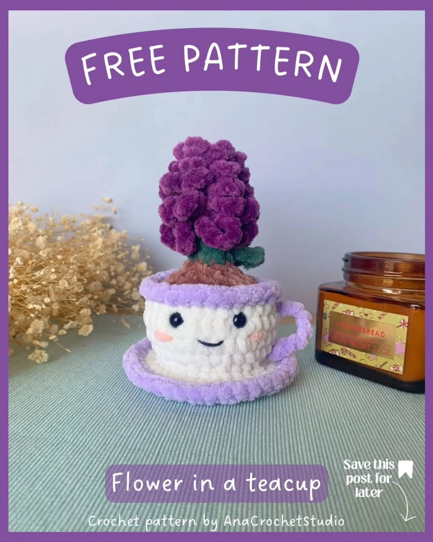 Free Crochet Pattern: Flower in a Teacup by AnaCrochetStudio