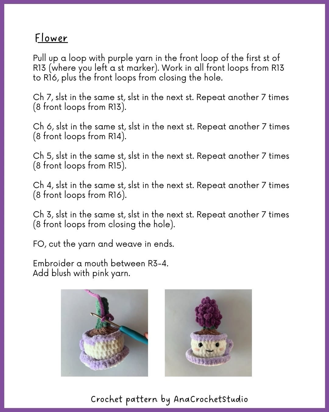 Free Crochet Pattern: Flower in a Teacup - Cute Amigurumi with Chenille Yarn by AnaCrochetStudio