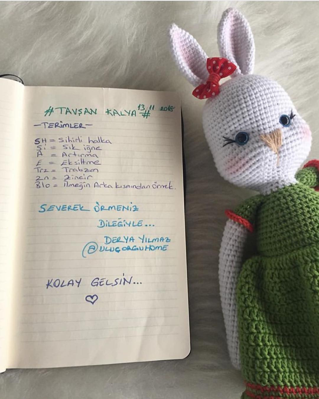 Free Crochet Pattern for Amigurumi Rabbit Doll with Green Dress and Red Bow