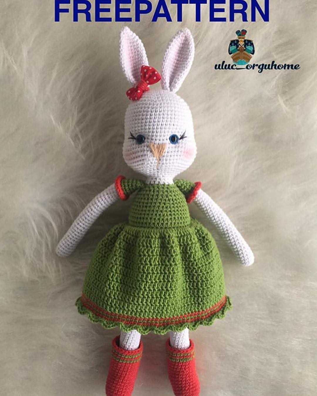 Free Crochet Pattern for Amigurumi Rabbit Doll with Green Dress and Red Bow